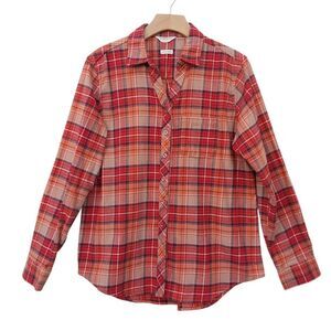 Weatherproof Vintage Flannel Shirt Womens Medium Orange Plaid Comfort Stretch